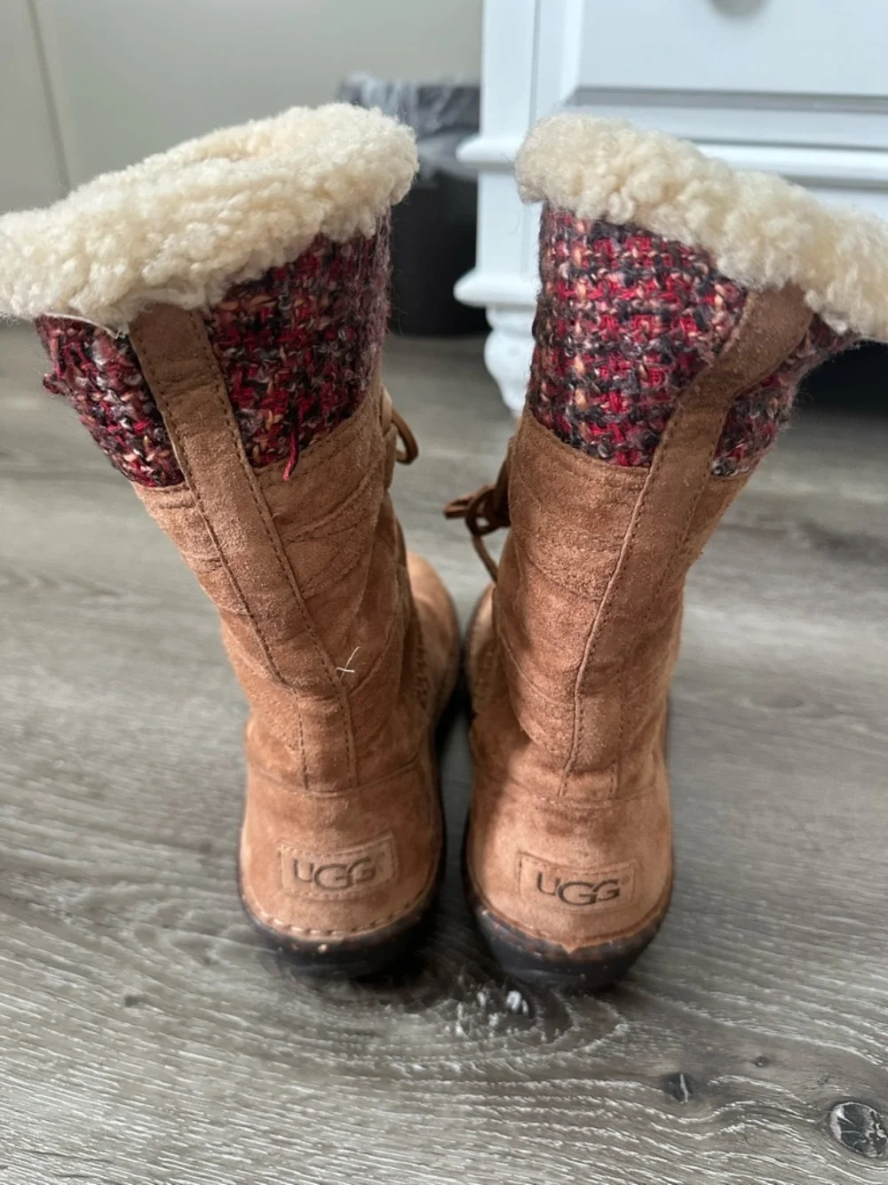 UGG Chestnut Suede Shearling Cuff Lace-Up Ankle Boots